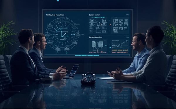 Executive team evaluating an AI development partner in a boardroom