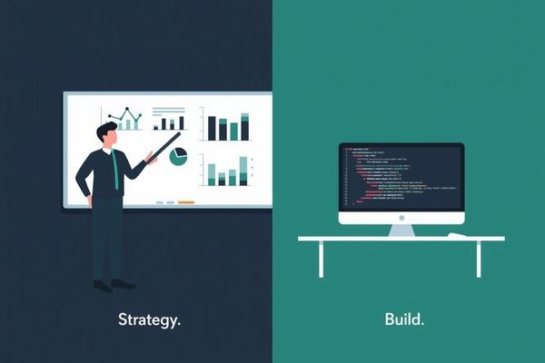 Split image showing AI strategy consulting on one side and AI software development on the other, representing the decision between the two approaches